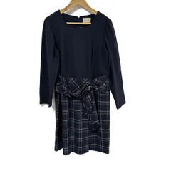 ローズティアラ ワンピース サイズ42 L レディース - ダークネイビー×白×レッド クルーネック/長袖/ひざ丈/チェック柄/リボン