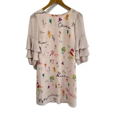 ローズティアラ ワンピース サイズ42 L レディース美品  - ライトピンク×マルチ クルーネック/七分袖/ひざ丈/ハート/ネコ/イヌ