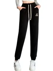 [ソユル] スウェット ルーム パンツ 裏 起毛 ウエストゴム 部屋着 ポケット 付き ドローコード 調節可能 カジュアル ワンマイル ウェア レディース ブラック 黒 くろ クロ ロング 長 ズボン ワイド パンツ アンクル ジャージ下 [ブラック] [M]