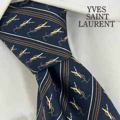 《美品》YVES SAINT LAURENT (イヴサンローラン) シルクネクタイ 総柄 Y S L総ロゴ ストライプ ネイビー ブラウン ホワイト