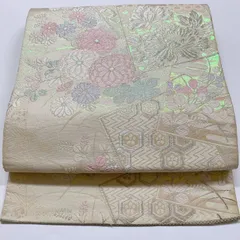 ［6357］袋帯 草花地紙吉祥文様 銀彩 シルバー 六通 正絹 着物 フォーマル