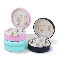 10*10*4CM 本革 ファスナー付き ジュエリーボックス 丸型 収納ケース 指輪 ネックレス ピアス ジュエリー ほこり防止 ギフトボックス