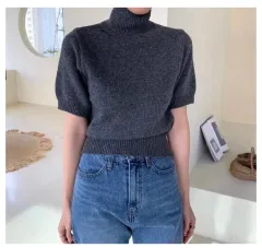 1回着用 ウール半袖タートルネックニット (チャコールグレー)