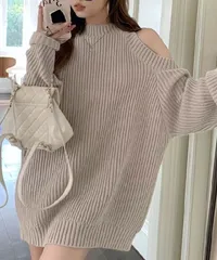 【送料無料】オープンショルダーニットワンピース ミニ丈 レディース ショルダーカット セクシー 肌見せ ニットセーター ハイネック リブニット ゆったり