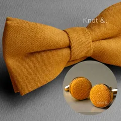 蝶ネクタイ ポケットチーフ カフス 3 点セット  イエロー マスタードイエロー  くすみカラー タキシード に映える フォーマル ボウタイ ネクタイ ガーデン ウェディング  にも おすすめ