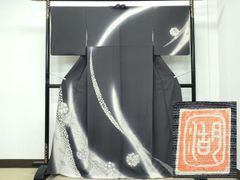 平和屋本店□極上 本場結城紬 重要無形文化財 変わり縞 黒地 逸品