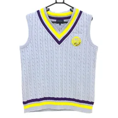 【美品】パーリーゲイツ ニットベスト ライトグレー×イエロー Vネック ケーブル編み  メンズ 5(L) ゴルフウェア PEARLY GATES