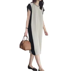 [レンロック] ワンピース レディース ノースリーブ 春 ニット 通勤 上品 エレガント 無袖 夏季 韓国風 中長丈 ゆったり 着痩せデザイン 綿混素材 フリーサイズ オフィス カジュアル 伸縮 (JP, アルファベット, [ベージュ] [Free Size]