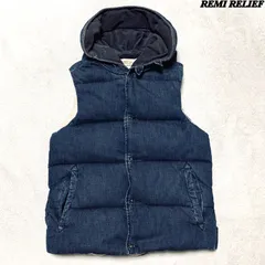 REMI RELIEF ダウンベスト デニム コンチョボタン フード付 コーデュロイ ハワイアン刺繍 Lサイズ インディゴブルー 青系 レミレリーフのサムネイル