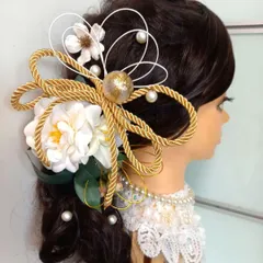 椿×ゴールド紐のコサージュ ヘアアクセサリー 髪飾り 着物 成人式【143】