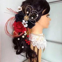 華やかな和風髪飾り 赤 黒 ゴールド 水引【139】