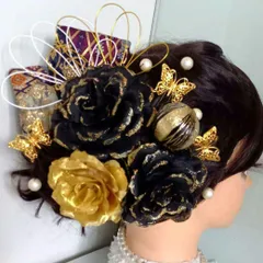黒×ゴールド 薔薇の髪飾り 成人式 結婚式 卒業式に【138】