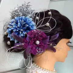 シルバーの飾り付き ブルー×パープルの髪飾り 成人式 フォトスタジオに【134】