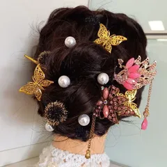 華やかなかんざし×ゴールドの蝶々の髪飾り 成人式 結婚式 和装 卒業式に【104】