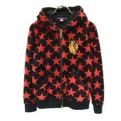TOMMY トミー 星柄 長袖 フリース ジップパーカー M 黒×赤 レディース 古着