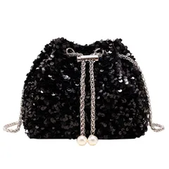 [ハルジオ] スパンコールバッグ パーティーバック レディース ショルダー ブラック シルバー ポシェット 巾着 チェーン 小さめ おしゃれ かわいい 結婚式 ドレス キラキラバッグ 肩掛け 斜めがけ バック (ブラック) [ブラック]