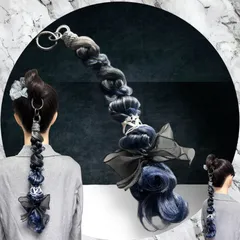 《受注制作》再販！人気デザイン【和洋折衷】ポニーテールリング　リングエクステ　リング付きポニーテールエクステ / 成人式・卒業式・振袖に / 紐アレンジ 髪飾り（ネイビー×ブラックリボン）和モダン