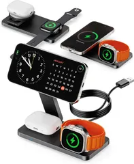 3in1 MagSafe充電器、ワイヤレスマグセーフ充電器、Qi認証対応で高速20W充電、Airpods/iPhone/アップルウオッチ 同時充電　最大270°折りたたみスタンド、強力磁力 150mT （Max）各エリア対応最大出力
