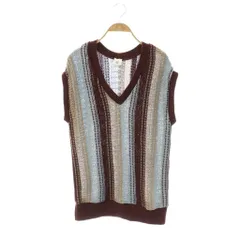 6 ROKU BEAUTY&YOUTH B&Y ロク ビューティーアンドユース メッシュストライプベストニット Vネック ブラウン ライトブルー ベージュ /DO ■OS