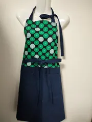 ハンドメイド　切替エプロン　サークル　ミニあんぱん　グリーン　紺　A022