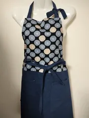 ハンドメイド　切替エプロン　サークル　ミニあんぱん　水色　紺　A021