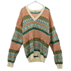ALBEMARLE アルベマール ウール 総柄 長袖 Vネック セーター フリー オレンジ×グリーン ニット メンズ 古着