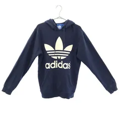 adidas アディダス トレフォイルロゴプリント 長袖 スウェットパーカー XS ネイビー プルパーカー メンズ 古着
