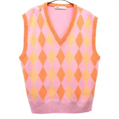 ZARA ザラ ダイヤ柄 Vネック ニットベスト M ピンク系 レディース 古着