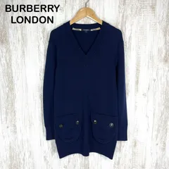BURBERRY LONDON バーバリーロンドン Vネック パッチポケット ロゴボタン 長袖 ウール ニット セーター チュニック ワンピース ネイビー