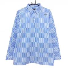 【超美品】スリクソンバイデサント 長袖ポロシャツ 白×ブルー ストライプ調 ロゴ メンズ 3L ゴルフウェア 大きいサイズ SRIXON