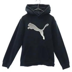 PUMA プーマ ロゴプリント 長袖 スウェットパーカー 160 ブラック プルオーバー トレーナー 裏起毛 キッズ 古着