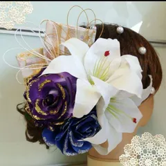 紫と青のラメ薔薇の髪飾り 成人式 卒業式 振袖に【078】
