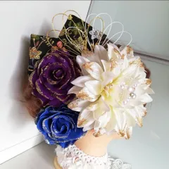ラメ付き薔薇×ダリアのゴージャスな髪飾り 成人式 結婚式 和装に【076】