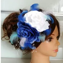 青×白の薔薇のヘアアクセサリー 成人式 結婚式 着物に【066】