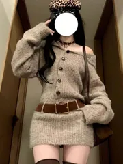 「レディース ニットワンピース 秋冬 新作 厚手 フレンチエレガント ゆったり ベルト付き 長袖 Aライン ミドル丈 プラスサイズ 体型カバー カジュアル フォーマル 手洗い可