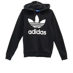adidas アディダス トレフォイルロゴ プリント 長袖 スウェットパーカー XS ブラック プルオーバー メンズ 古着