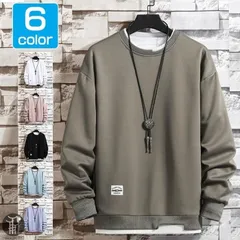 トレーナー メンズ トップス 長袖 クルーネック プルオーバー スウェット レイヤード風 重ね着風 切り替え オシャレ 春服 秋服 新作