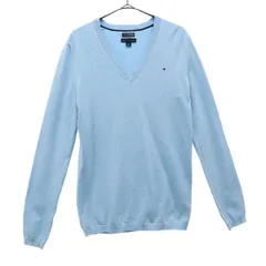 TOMMY HILFIGER トミーヒルフィガー 刺繍 長袖 ニット S/P ブルー Vネック セーター ロゴ レディース 古着