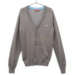 PUMA プーマ ロゴ刺繍 長袖 ウールブレンド Vネック ニット S グレー ロゴプリント メンズ 古着のサムネイル