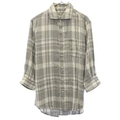 nano universe ナノユニバース チェック 7分袖 リネンレーヨンブレンド シャツ M グレー メンズ 古着