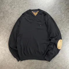 TOMMY HILFIGER Cotton Knit Sweater トミーヒルフィガー コットン ニット セーター Vネック 切替 異素材 エルボーパッチ ロゴ刺繍 ブラック 黒 メンズ XL ビッグサイズ