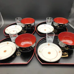 【未使用】 お祝い膳 半月盆 お椀 赤絵小皿 グラス 4客 セット 紀州漆器 橘吉 正月 兎の汁椀 S337