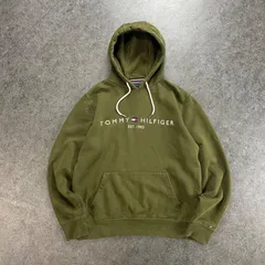 TOMMY HILFIGER Hoodie ORGANIC COTTON トミーヒルフィガー スウェット パーカー フーディー プルオーバー ロゴ刺繍 オーガニックコットン オリーブ メンズ L
