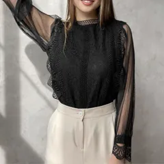 【訳あり】 シアー トップス ブラウス 長袖 レース 透け感 きれいめ 春 秋 レディース 韓国ファッション シースルー 通勤 セレモニー 式典 丸首 オフィス [AZ004]
