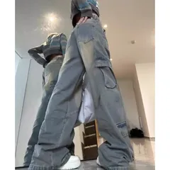 【訳あり】 デニムカーゴパンツ デニムパンツ カーゴパンツ レディース デニム ワイド パンツ ズボン ジーパン アウトドア ストリート ポケット ワイドパンツ サイドポケット 厚手 作業 韓国ファッ