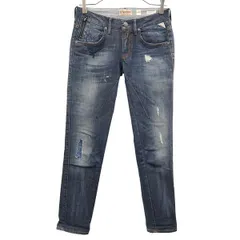 REPLAY リプレイ ワンポイントロゴ刺繍 ダメージ加工 スキニーデニムパンツ W25 ブルー ジーパン レディース 古着