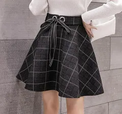 チェック柄 フレアスカート レディース 秋冬 体型カバー ハイウエスト 脚長効果 リボン付き きれいめ カジュアル 上品 通勤 通学 Aラインスカート 低身長 高身長 ミモレ丈 グレー 大人可愛い ガ