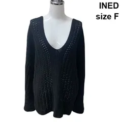 ■ イネド INED セーター  長袖 深オーバルネック 背中あき ドロップショルダー透かし編み ニット トップス 黒 ウール F レディース H5Z123