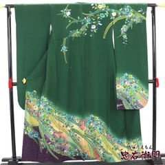 正絹 振袖 辻が花 深緑色 エメラルドグリーン 華やか 新品 未仕立て 