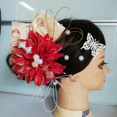 蝶々&ラメ付きダリアのゴージャスな髪飾り 成人式 結婚式 卒業式に【035】